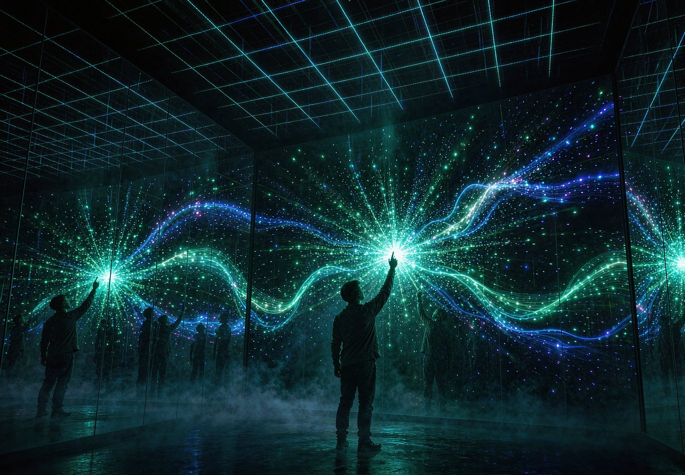 数字艺术馆内观众手势触发粒子光团的互动镜面墙